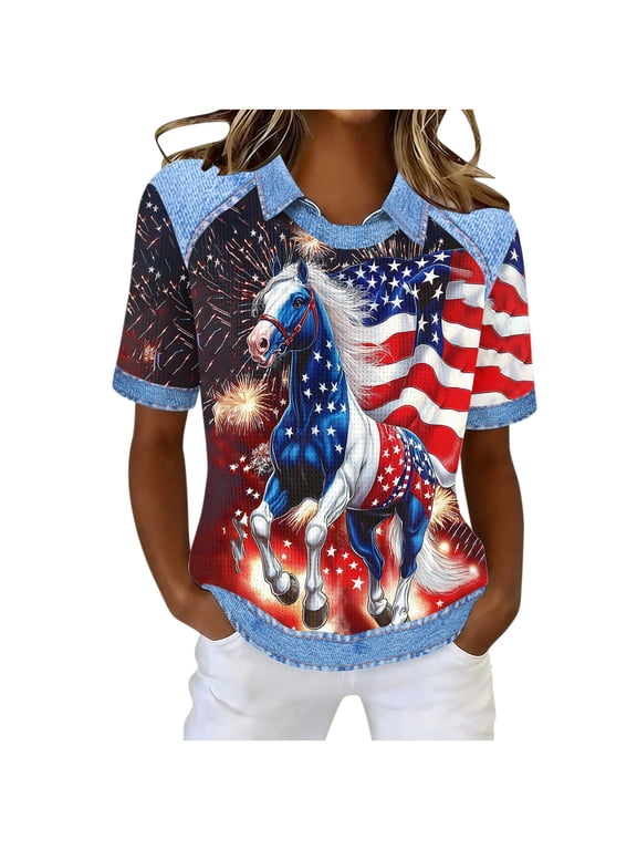 Womens Fourth of July Shirts Horse American Flag T Shirt Fitted Lapel Collared Neck Short Sleeve Pullover Summer Fashion Clothes Navy M