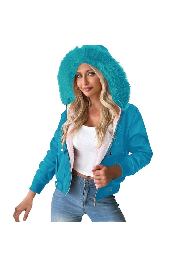 Womens Furry Trim Lined Hooded Bomber Jacket Snap Closure Ribbed Cuff Cropped Silhouette for Weekend Errands City Walk Blue L