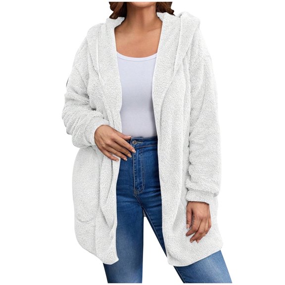 Olyvenn Womens Fuzzy Sherpa Cardigan Open Front Fleece Jacket Oversized Hoodies Warm Fall Winter Coats Soft Outwear Pockets White S