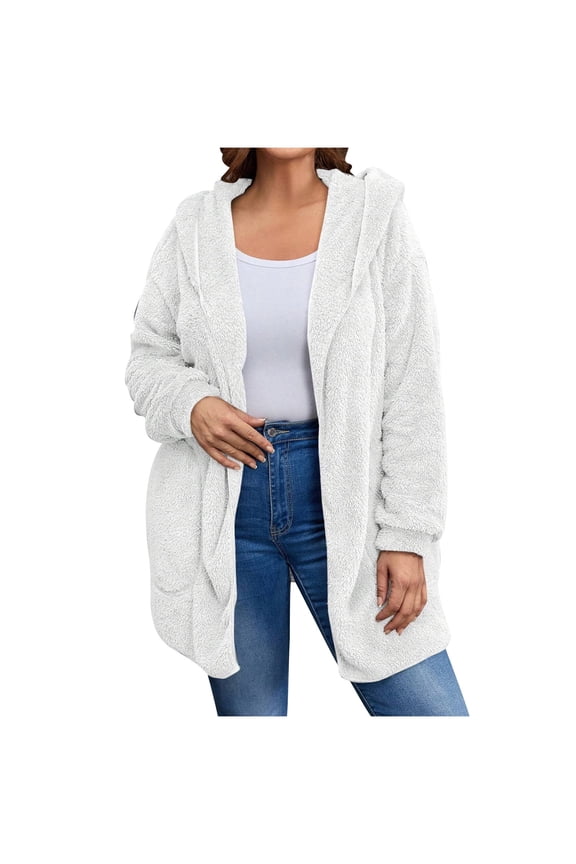 Womens Fuzzy Sherpa Cardigan Open Front Fleece Jacket Oversized Hoodies Warm Fall Winter Coats Soft Outwear Pockets White S