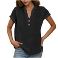 thumbnail image 1 of Olyvenn Womens Gauze Short Sleeve Tops V Neck Collar Button Down Shirts Dressy Casual Business Work Office Blouses Black S, 1 of 5