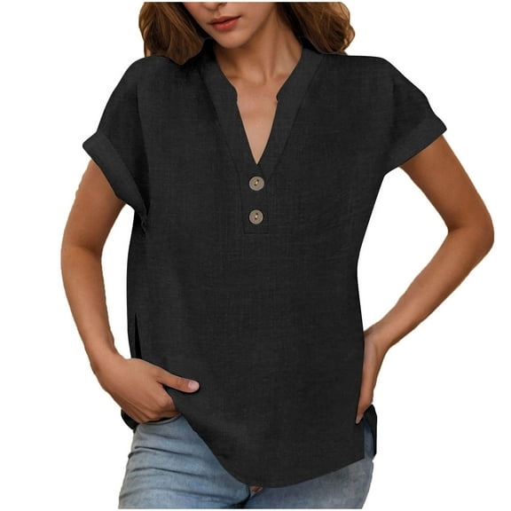 Olyvenn Womens Gauze Short Sleeve Tops V Neck Collar Button Down Shirts Dressy Casual Business Work Office Blouses Black S