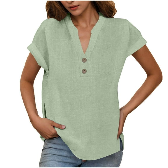 Olyvenn Womens Gauze Short Sleeve Tops V Neck Collar Button Down Shirts Dressy Casual Business Work Office Blouses Green M