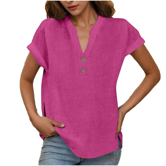 Olyvenn Womens Gauze Short Sleeve Tops V Neck Collar Button Down Shirts Dressy Casual Business Work Office Blouses Hot Pink XXL