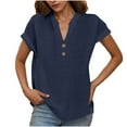 thumbnail image 1 of Olyvenn Womens Gauze Short Sleeve Tops V Neck Collar Button Down Shirts Dressy Casual Business Work Office Blouses Navy L, 1 of 5
