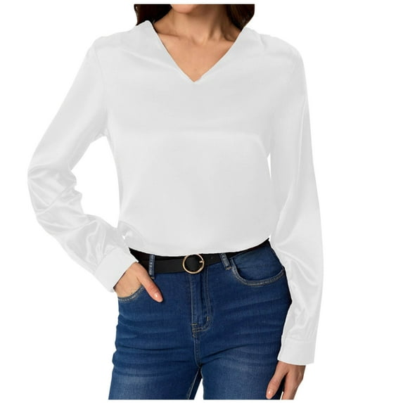 Olyvenn Womens Going Out Satin Tops 2025 Vintage Cute V Neck Silky Blouse Puff Sleeve Elegant Casual Loose Work Shirts White L