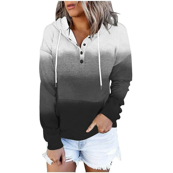 Olyvenn Womens Gradient Hoodies Fall Long Sleeve Drawstring Pullover Tops with Pockets Girls' Fashion Loose Casual Sweatshirt for Women Gray L