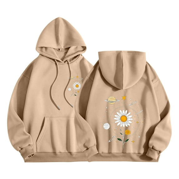 Olyvenn Womens Graphic Hoodies Cute Flower Print Long Sleeve Hooded Preppy Y2k Aesthetic Sweatshirts Fall Oversized Pullover Khaki S