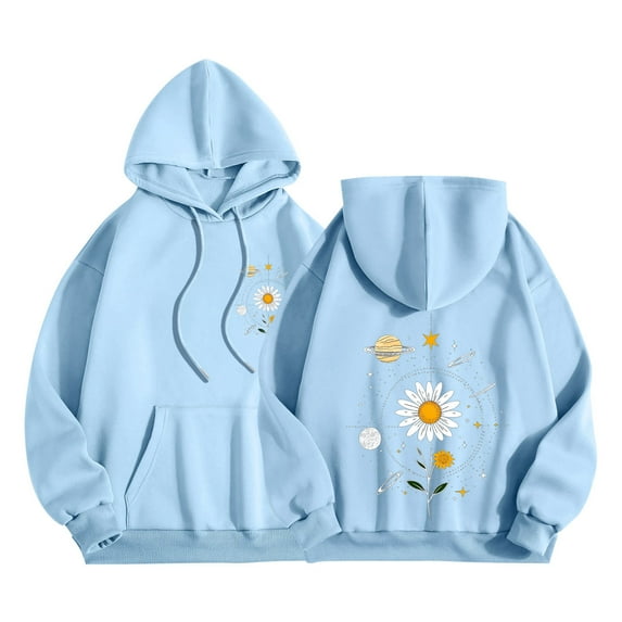 Olyvenn Womens Graphic Hoodies Cute Flower Print Long Sleeve Hooded Preppy Y2k Aesthetic Sweatshirts Fall Oversized Pullover Light Blue L
