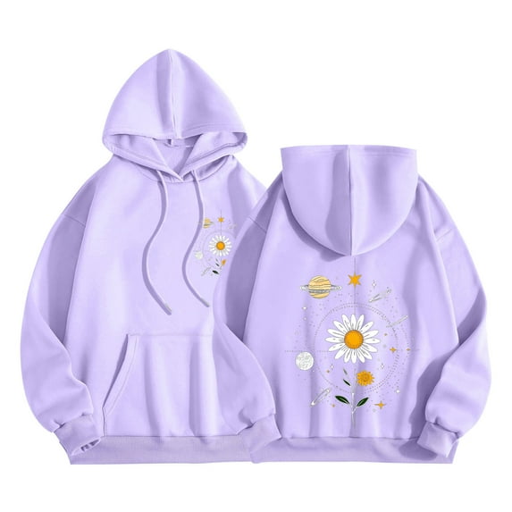 Olyvenn Womens Graphic Hoodies Cute Flower Print Long Sleeve Hooded Preppy Y2k Aesthetic Sweatshirts Fall Oversized Pullover Purple S
