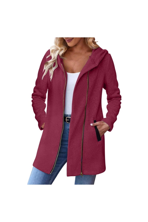 Womens Half Zip Hooded Mid Length Cardigan, Open Front Side Pockets Drawstring Hem Oversized Fit for Weekend Getaway Casual Errands Red S