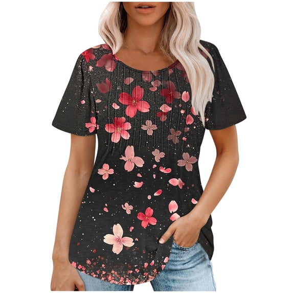 Olyvenn Womens Henley Tunic Tops Bohemian Floral Print Button Up T-Shirts Pleated Crew Neck Casual Blouses Multicolor S