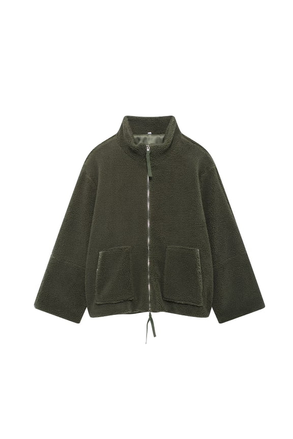 Womens High Collar Oversized Plush Zip Up Coat, Mid Length Big Side Pockets Elastic Cuff Loose Fit for Cold Weather Shopping City Outings Army Green M
