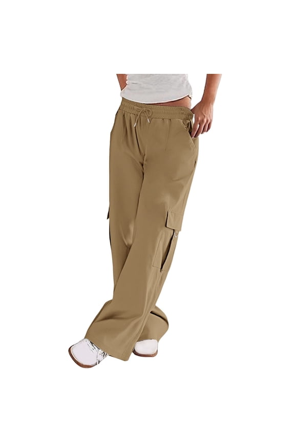 Womens High Waist Cargo Pants Casual Wide Straight Leg Baggy Pants Drawstring Elastic Waist Trousers with Pockets Khaki XL