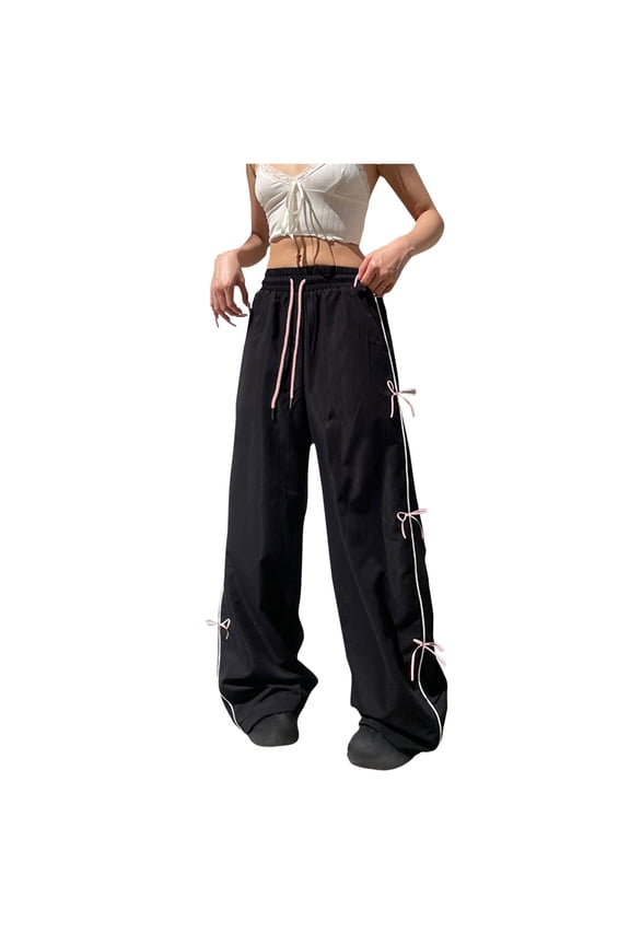 Womens High Waisted Wide Leg Pants Trendy Bow Straight Leg Baggy Pants Casual Elastic Waist Tie Up Sweatpants Black 4