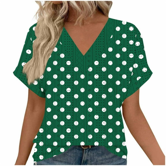 Olyvenn Womens Hollow Out V Neck T Shirts Floral Printed Short Sleeve Tunic Tee Tops Summer Casual Loose Eyelet Blouses Green S