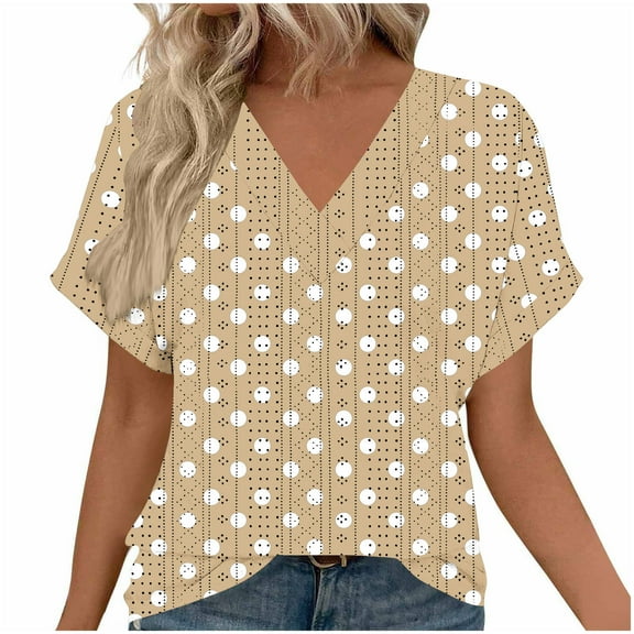 Olyvenn Womens Hollow Out V Neck T Shirts Floral Printed Short Sleeve Tunic Tee Tops Summer Casual Loose Eyelet Blouses Khaki S