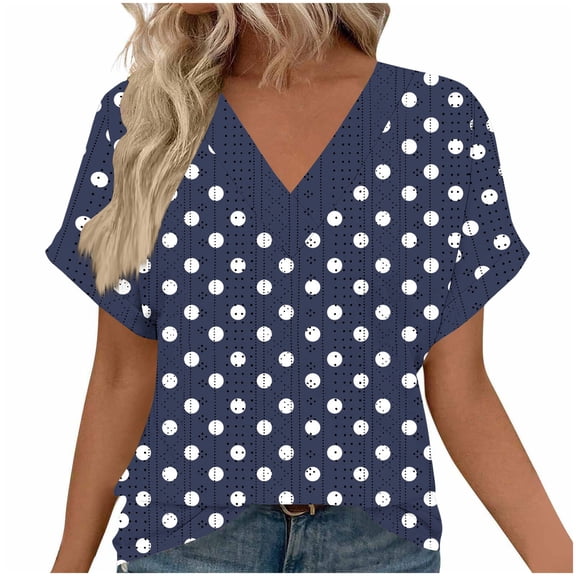 Olyvenn Womens Hollow Out V Neck T Shirts Floral Printed Short Sleeve Tunic Tee Tops Summer Casual Loose Eyelet Blouses Navy S