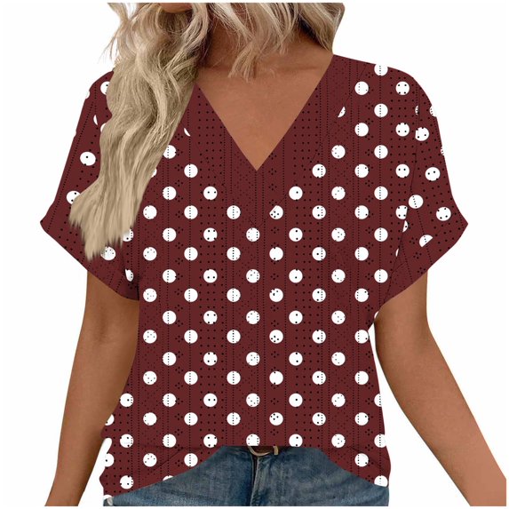 Olyvenn Womens Hollow Out V Neck T Shirts Floral Printed Short Sleeve Tunic Tee Tops Summer Casual Loose Eyelet Blouses Wine M
