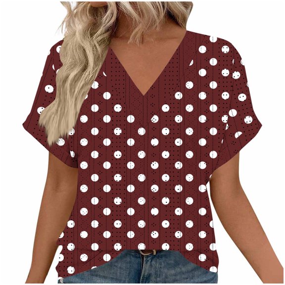 Olyvenn Womens Hollow Out V Neck T Shirts Floral Printed Short Sleeve Tunic Tee Tops Summer Casual Loose Eyelet Blouses Wine S