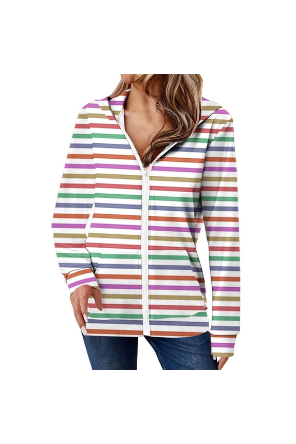 Womens Hooded Full Color Horizontal Stripe Raglan Zip Basic Sweat Jacket, Elastic Cuff Dual Hand Pockets Straight Silhouette Multicolor S
