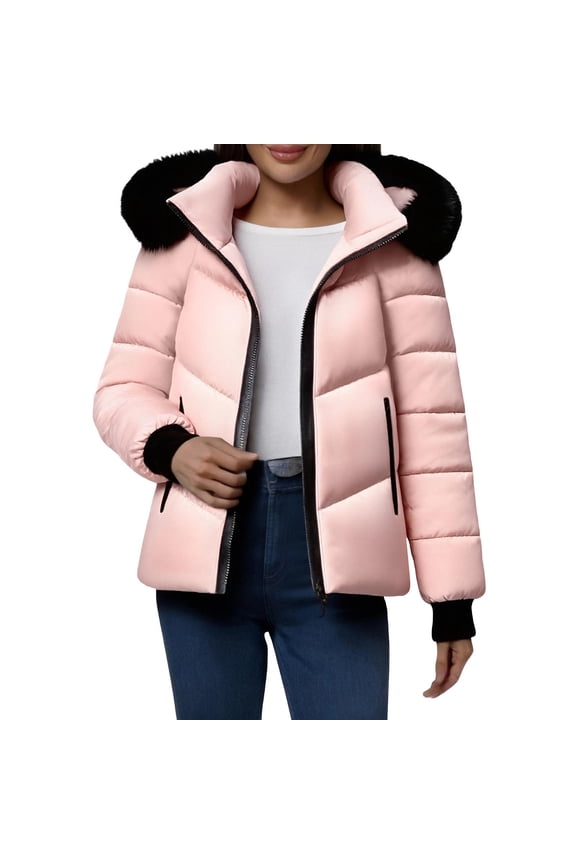Womens Hooded Large Fluff Collar Wave Quilt Waist Cinch Short Outdoor Puffer Jacket, Full Zip Raglan Sleeve Dual Side Pockets Straight Silhouette Pink L