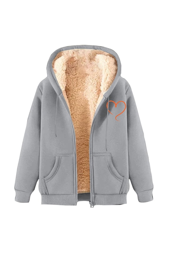 Womens Hooded Minimal Heart Print Thick Lined Zip Up Sweat Jacket, Mid Length Raglan Sleeve Dual Pockets Loose Fit for Holiday Outings Picnic Trips Gray XXL