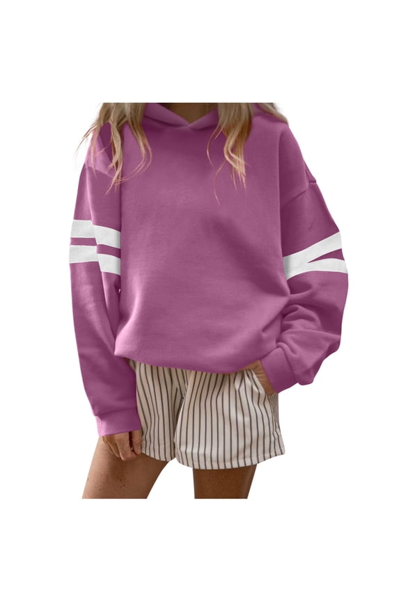 Womens Hooded Pullover Sweatshirts Fall Fashion Varsity Striped Long Sleeve Drop Shoulder Oversized Sweat Tops Purple XXL
