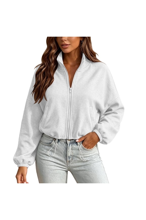 Womens Hooded Sweatshirt Jacket Stand Collar Full Zip Drawstring Hem Dual Side Pocket Cropped Drop Shoulder Outerwear for Gym Warmups Beach Side Walks White S