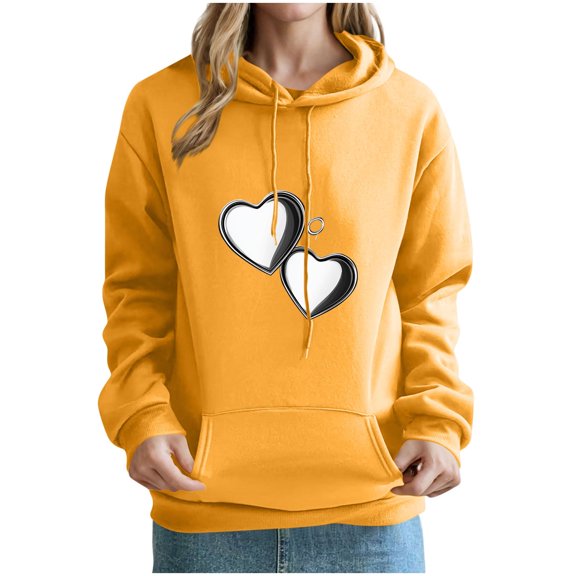 Olyvenn Womens Hoodies,Fleece Lined Oversized Basic Pullover Sweatshirts Heart Print Hooded Y2K Fall Outfits Clothes Yellow XL