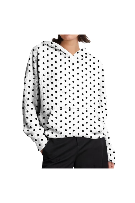 Womens Hoodies Knit Sweater, Vintage Prints Long Sleeve Drop Shoulder Knit Hooded Pullover Sweater with Pocket White L