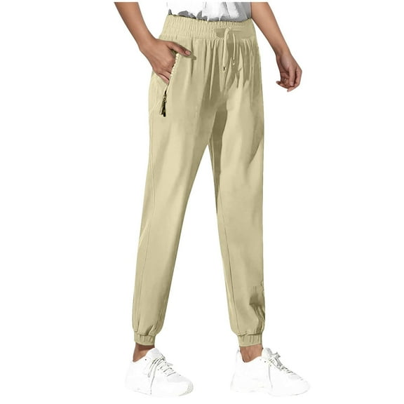 Olyvenn Womens Joggers Summer Trendy Drawstring Elastic High Waisted Pants Girls Casual Baggy Quick Dry Light Workout Pants Beige XXXL