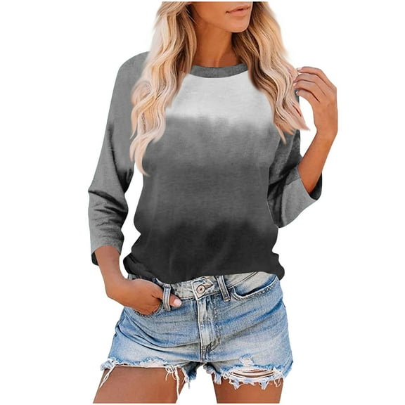 Olyvenn Womens Juniors Tops Summer 3/4 Sleeves Dressy Casual Gradient Color Shirts Elegant Floral Shirts Dressy Blouse Tunic Tees Multicolor S