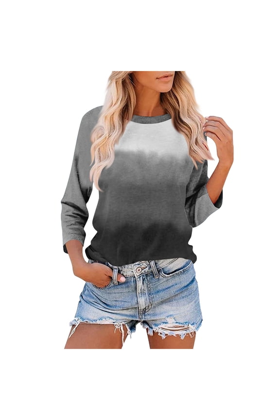 Womens Juniors Tops Summer 3/4 Sleeves Dressy Casual Gradient Color Shirts Elegant Floral Shirts Dressy Blouse Tunic Tees Multicolor S