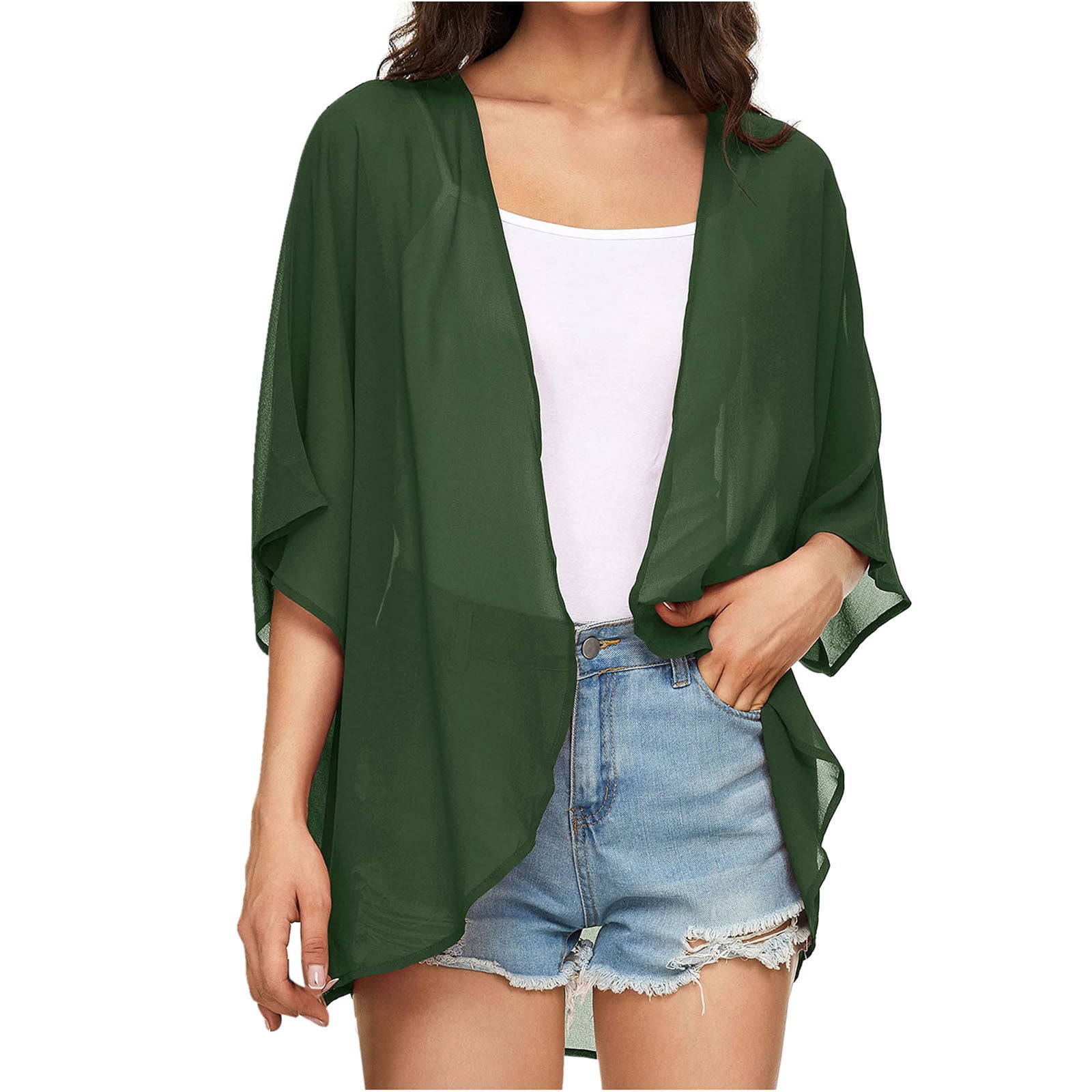 Camisunny Women's Chiffon Printed Kimono Cardigan - Light Green, Medium, Beach Cover Up & Casual Top - View #10