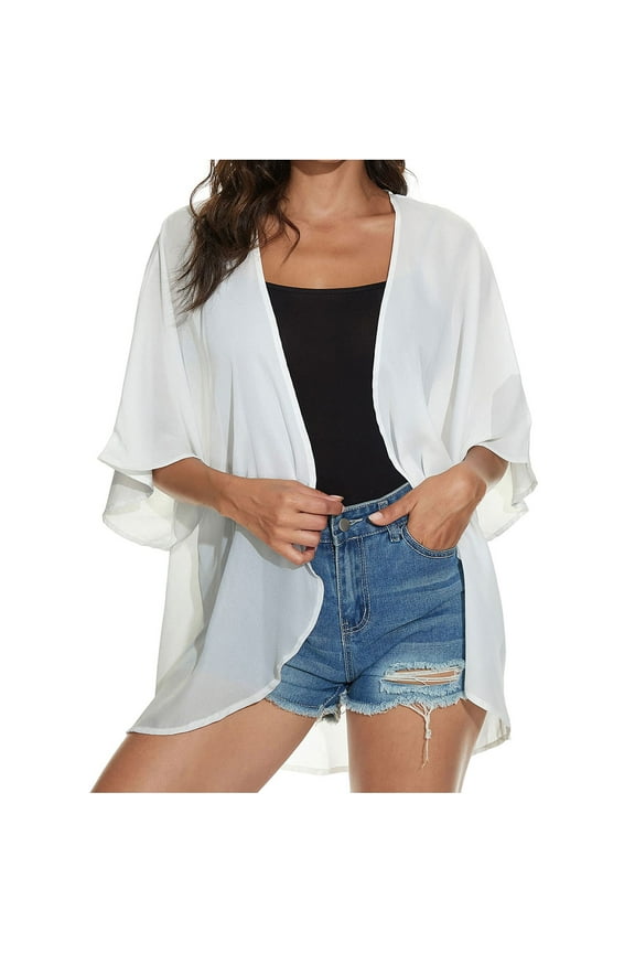 Womens Kimono Cardigan Chiffon Tops Plus Size Loose Women's Solid Puff Sleeve Cover Up Blouse Tops For Women 2022