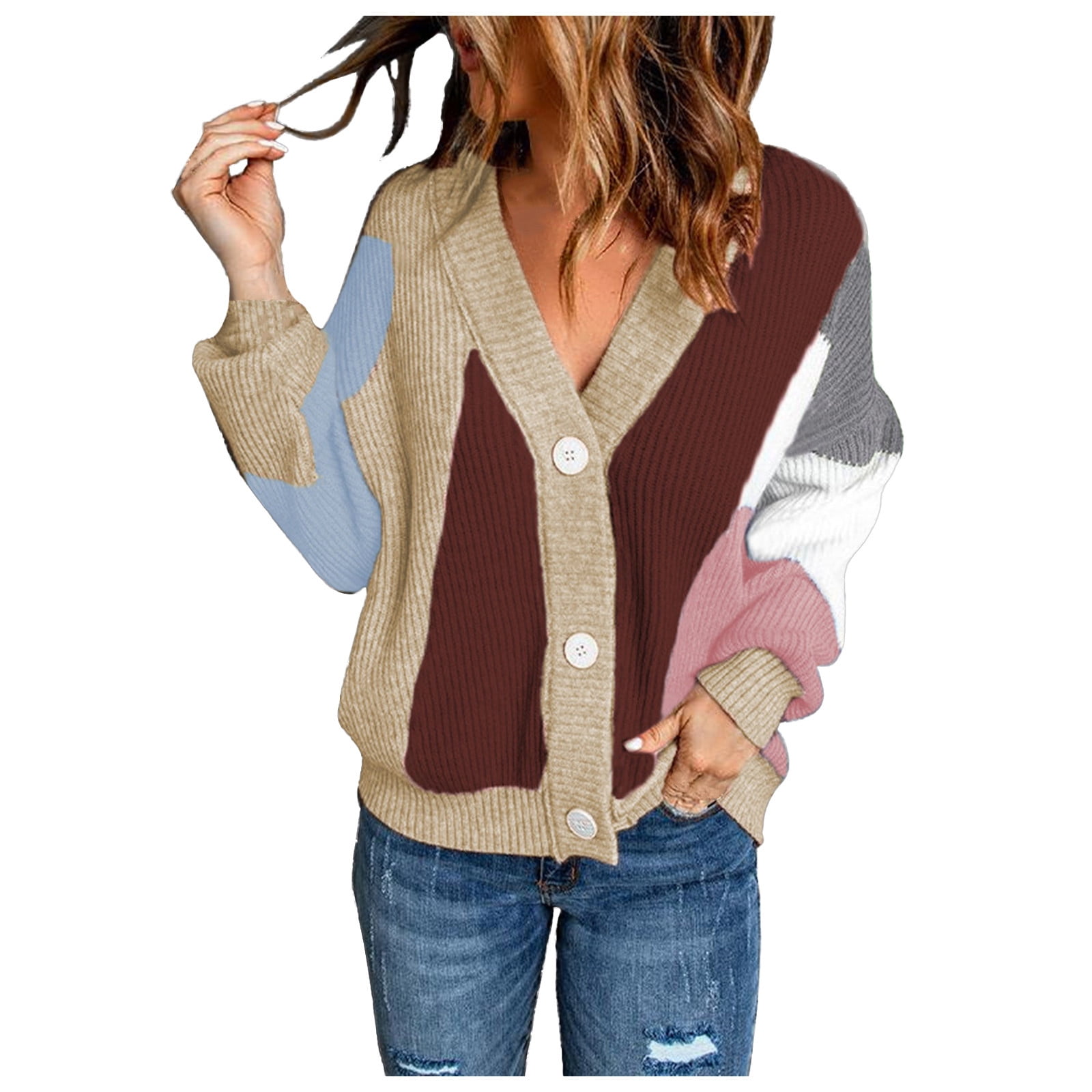 Olyvenn Womens Knitted Casual Cardigan Sweater Buttons Wrap V Neck Fall  Tops Comfy Loose Fit Casual Flowy Pullover Fashion 2023 Lantern Sleeve Long  Sleeve Blouse Retro Color Block Tees Beige 12 
