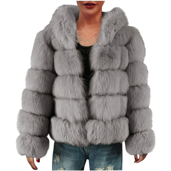 Olyvenn Womens Ladies Warm Faux Furry Short Coat Jacket Women's Plus Winter Solid V-Neck Long Sleeve Outerwear Female Outwear Gray XXXL