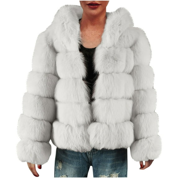 Olyvenn Womens Ladies Warm Faux Furry Short Coat Jacket Women's Plus Winter Solid V-Neck Long Sleeve Outerwear Female Outwear White XXXL