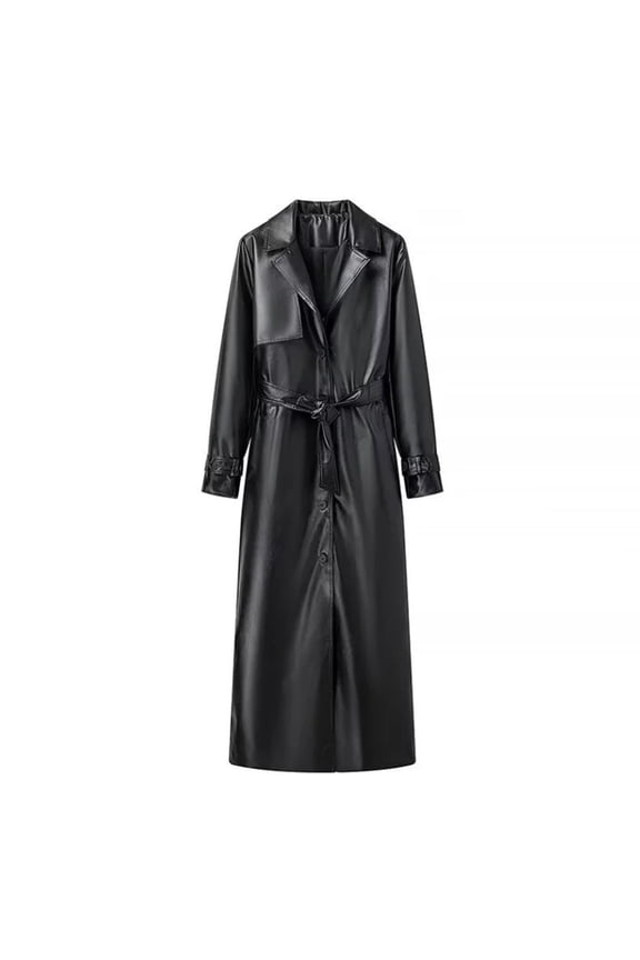 Womens Lapel Belted Waist Maxi Moto Trench Coat, Full Length Long Sleeve Multi Pocket Straight Fit for Evening Parties Downtown Dates Black S