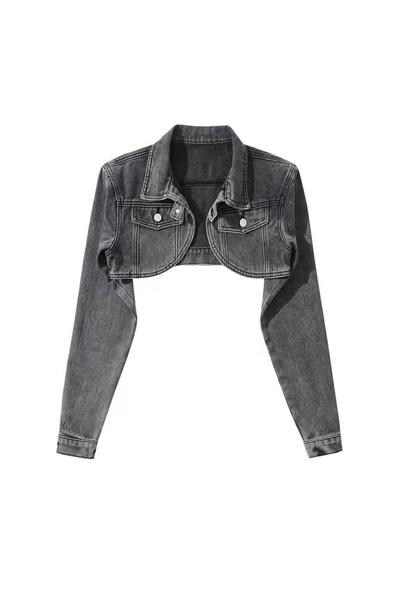 Womens Lapel Open Front Crop Denim Shacket Long Loose Sleeve Sleeveless Matching Design for Club Night Casual Layering Black S