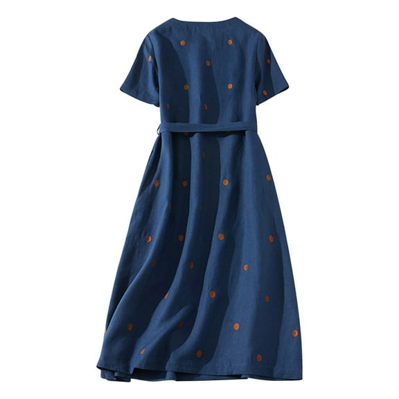 Olyvenn Womens Large Size Cotton Linen Long Shirt Dress Fashion Belted Waist Loose Fit Flowy Casual Smocked Trendy Summer Puff Short Sleeve Prom Dresses for Women Trendy Solid Sundress Blue 6