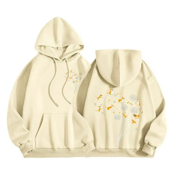 Olyvenn Womens Lightweight Hoodies Funny Dogs Flower Print Long Sleeve Sweatshirt Fall Fashion Oversized Pullover with Pocket Beige M