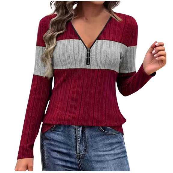 Olyvenn Womens Lightweight Sweater Tops Fashion Color Block Striped Knit Zip V-Neck Long Sleeves Loose Comfy Knitwear Tops Wine XXL