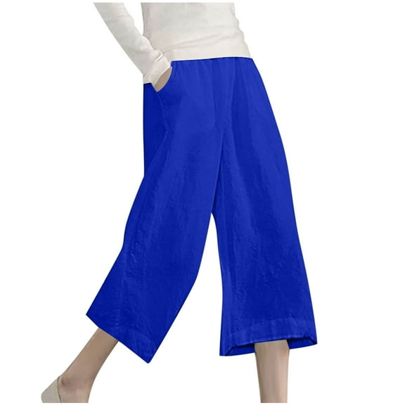 Olyvenn Womens Linen Cropped Pants Loose Casual Capri Cotton Wide Leg Plus Size Elastic Waist with Drawstring Trouses Blue L