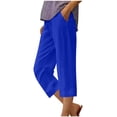 thumbnail image 1 of Olyvenn Womens Linen Cropped Pants Loose Casual Capri Cotton Wide Leg Plus Size Elastic Waist with Drawstring Trouses Blue S, 1 of 5