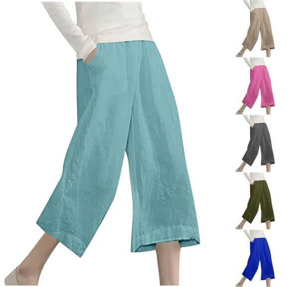 Olyvenn Womens Linen Cropped Pants Loose Casual Capri Cotton Wide Leg Plus Size Elastic Waist with Drawstring Trouses Blue XL