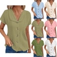 thumbnail image 1 of Olyvenn Womens Linen Shirts 2025 Summer Casual Button Down Lapel V Neck Roll Up Short Sleeve Tops Comfy Trendy Business Work Blouse Army Green S, 1 of 6