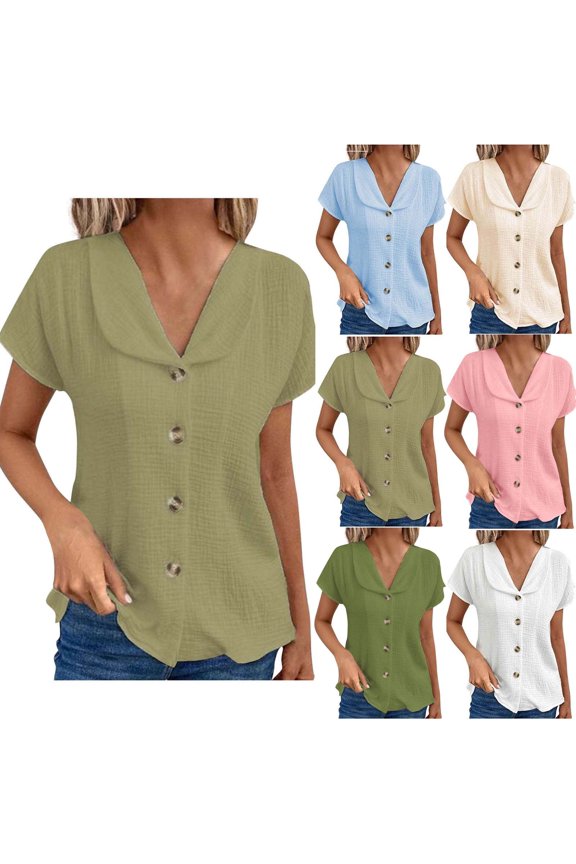 Womens Linen Shirts 2025 Summer Casual Button Down Lapel V Neck Roll Up Short Sleeve Tops Comfy Trendy Business Work Blouse Army Green S