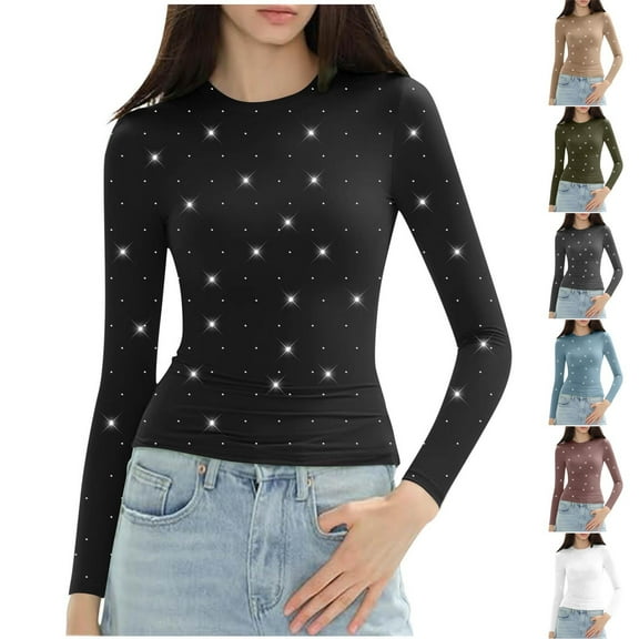 Olyvenn Womens Long Sleeve Crewneck Shirts Hot Drilling Fitted Tight Tops Cute Undershirt Blouses Crop Junior Tops Fashion Slim Fit Basic Tees Going Out Clubwear Underscrubs Army Green 12